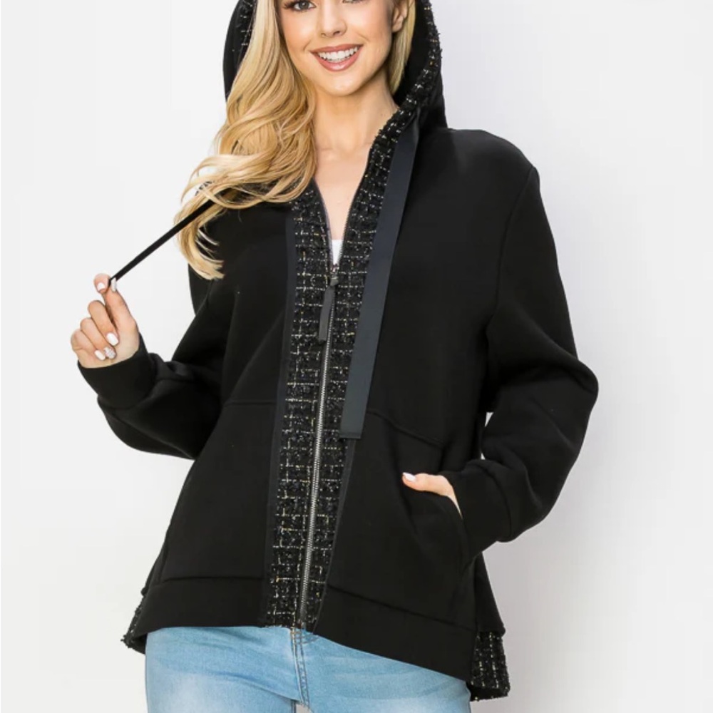 NWT JOH Faiza French Scuba Jacket with Tweed and Hood